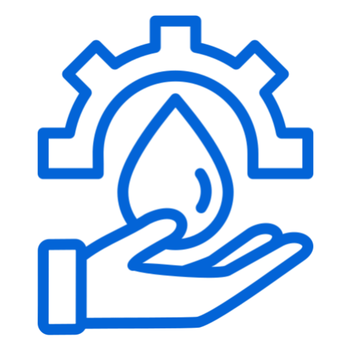 Water droplet with gear and hand icon