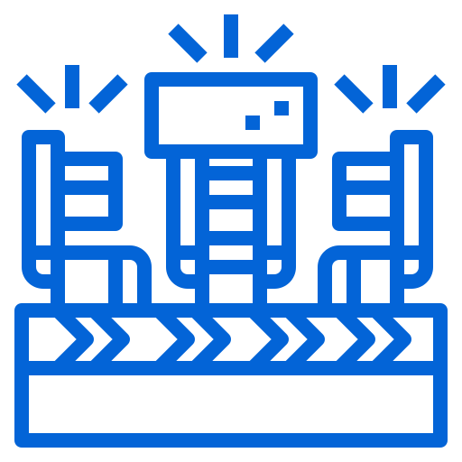 Blue robotic figures on conveyor belt