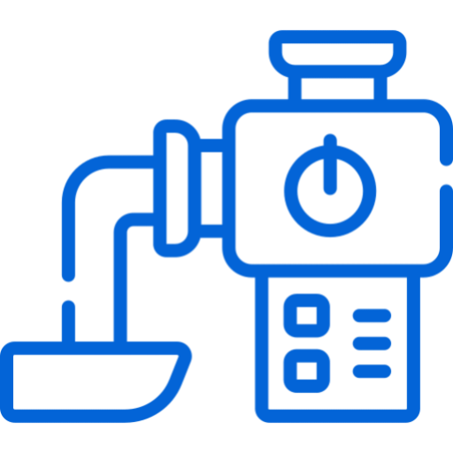 Blue outline illustration of a meat grinder