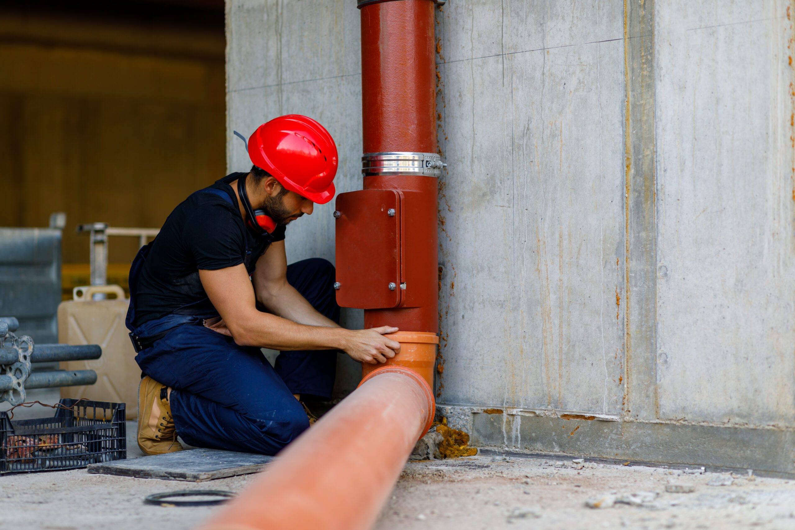 Worker fixing pipe with red hard hat