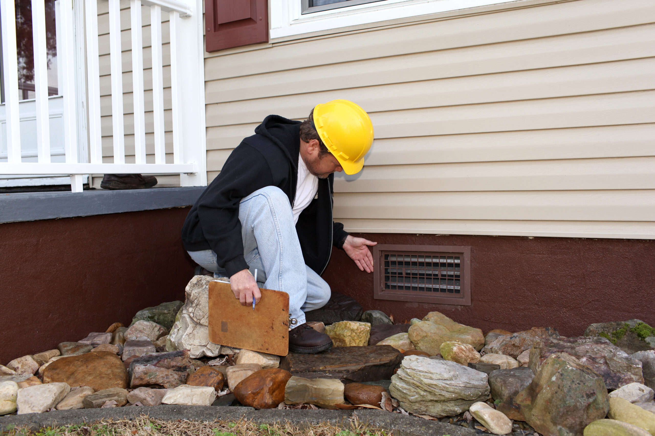 Man inspecting exterior house vent