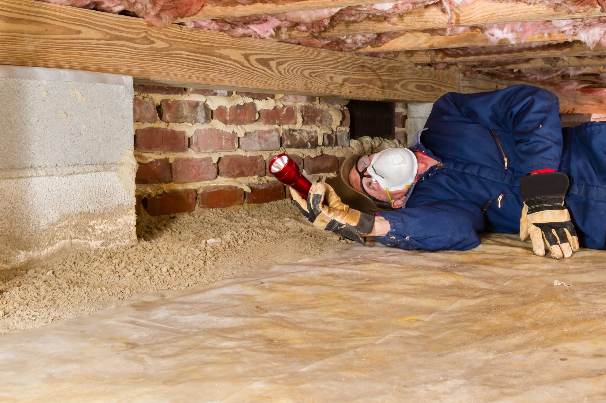 Inspector examining crawl space with flashlight