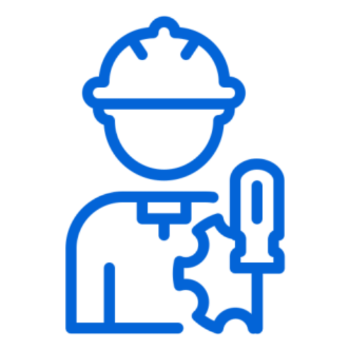 Blue outline of worker with gear and screwdriver.