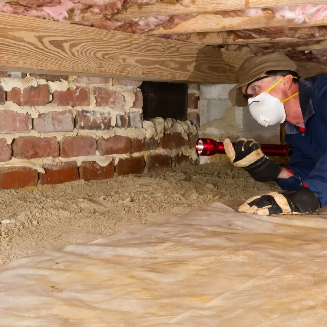 Person inspecting under house foundation