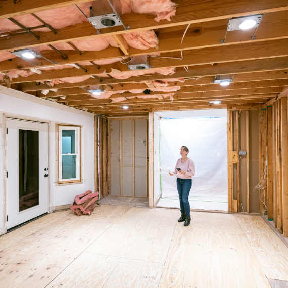 Construction site with exposed ceiling beams