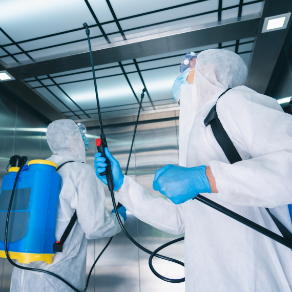 Professionals spraying disinfectant in elevator