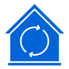 Recycling symbol in blue house shape