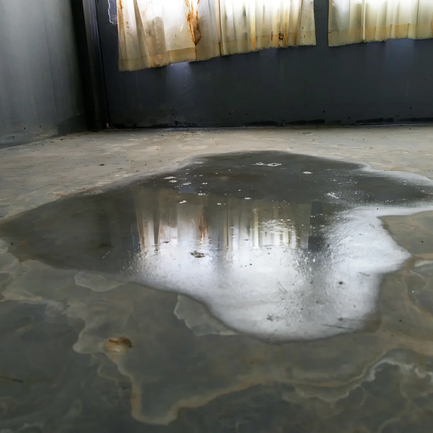 Water puddle on concrete floor, near window.