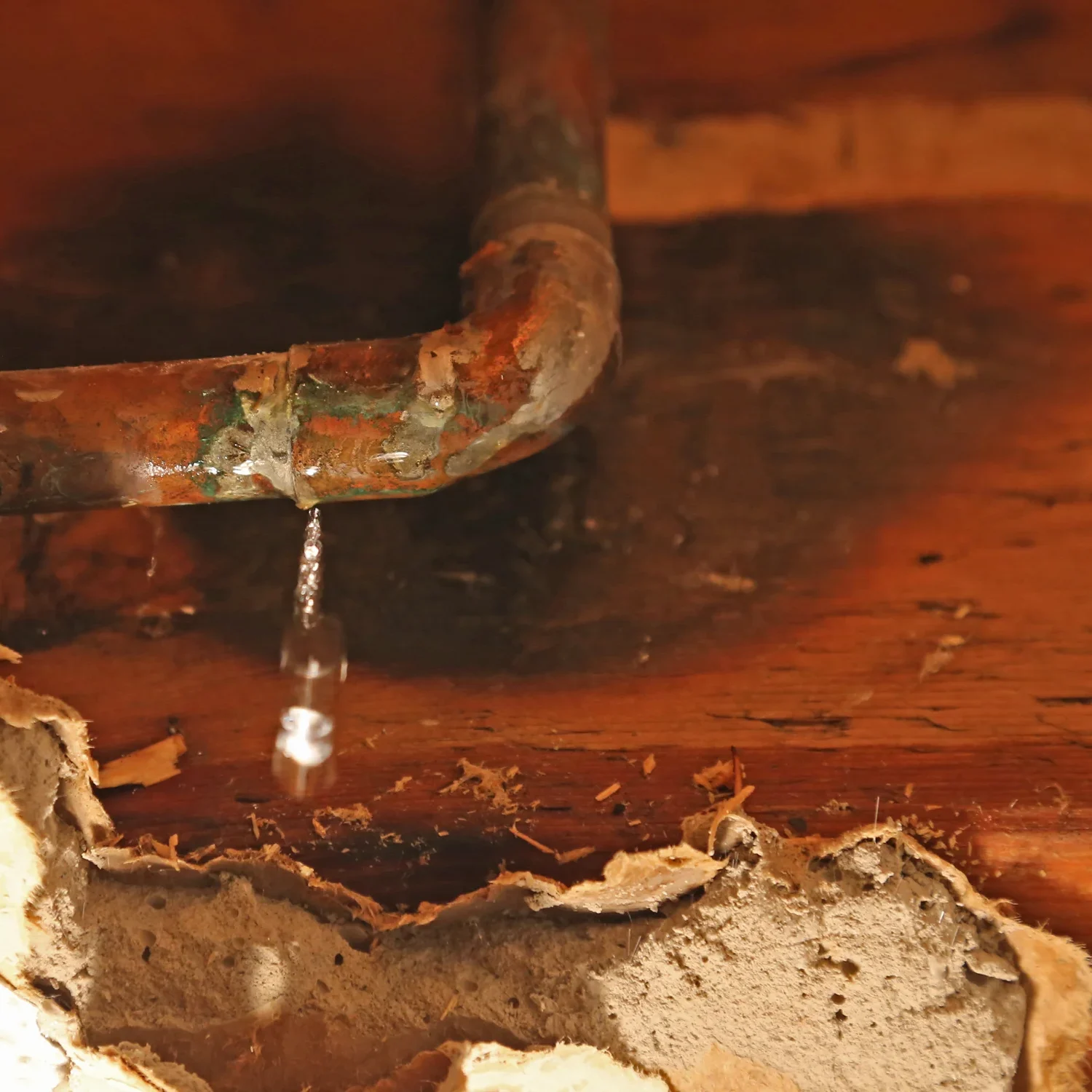 Leaking pipe causing water damage to wood.